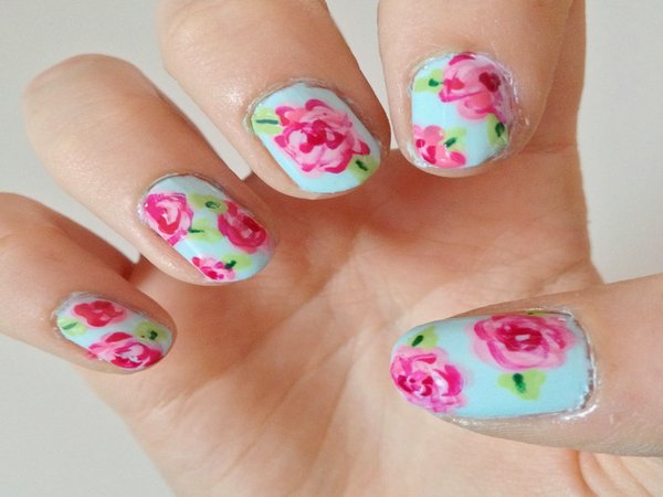 Green Nails With Pink Roses