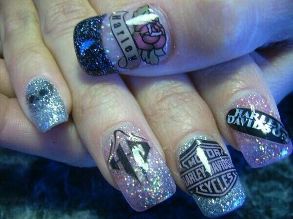 Sparkly Harley Davidson Nail Design for Clear Nails