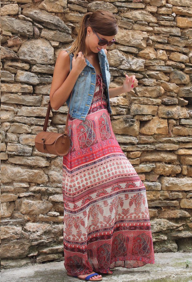 Maxi Dress Outfit with Denim Vest