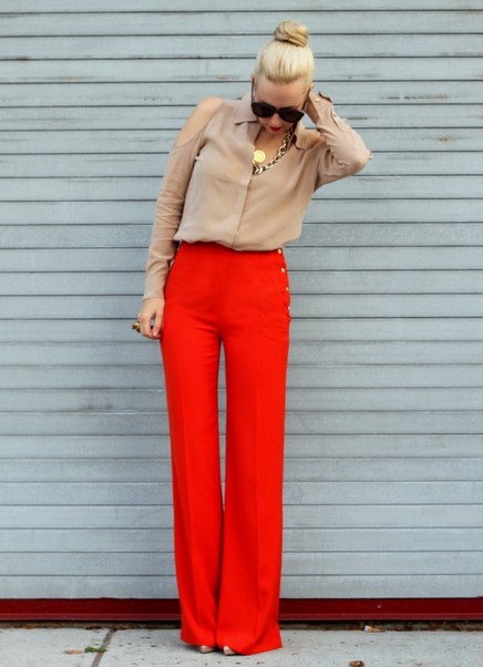 Neutral Blouse with Bright Colored Pants for Work