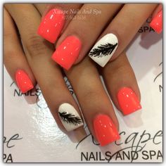 Orange Nail Design With Feathers