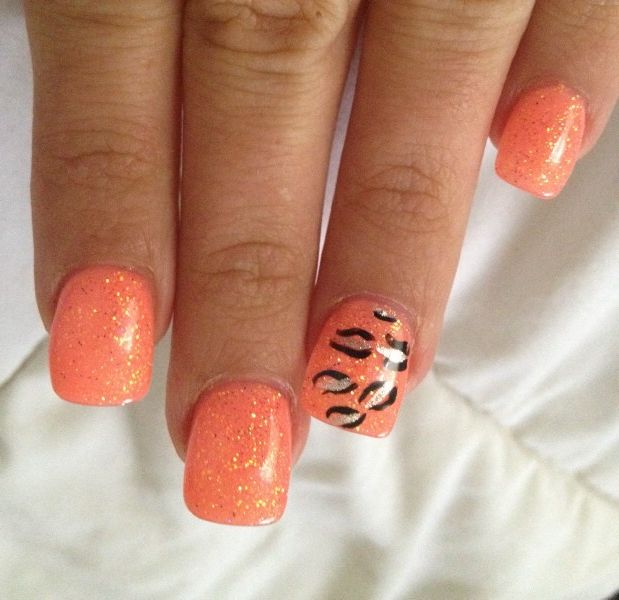 Orange Nail Design With Leopard Prints