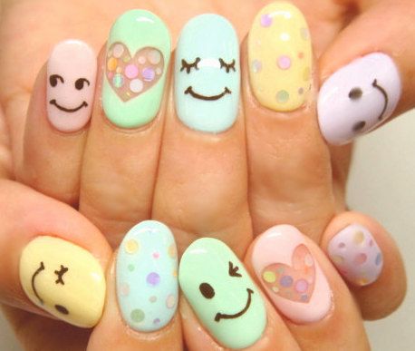 Pastel Colored Happy Face Nail Design