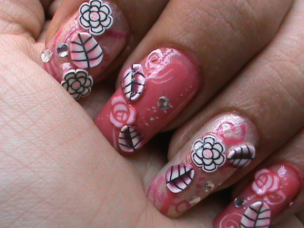 Pink Nails With Roses, Rhinestones, and Leaves