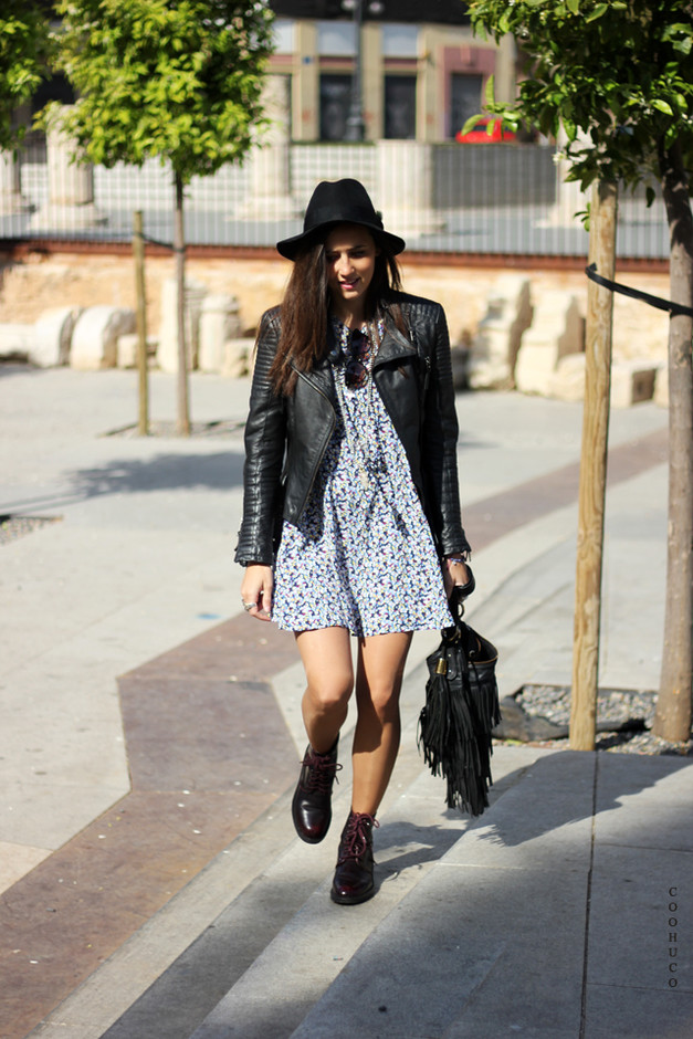 Pretty Floral Dress with Black Leather Jacket