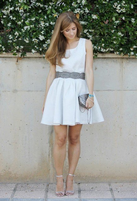 Pretty White Dress Outfit Idea with Silver Shoes