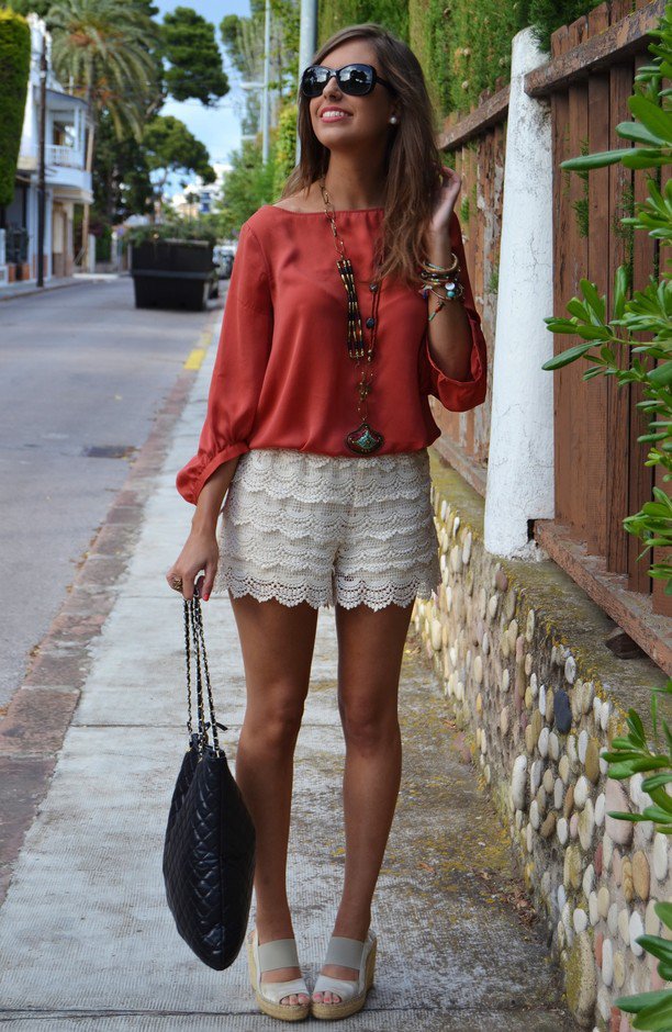 Red Blouse with White Lace Shorts