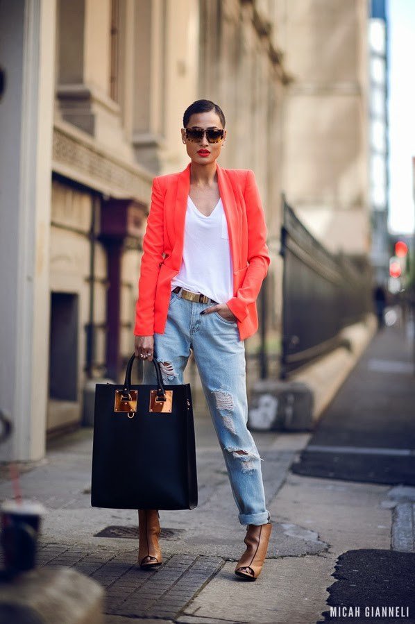 Ripped Jeans Outfit Idea with Bright Colored Blazer