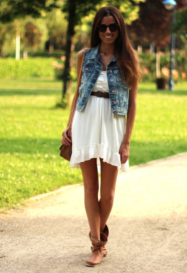White Dress Outfit Idea with Denim Jacket