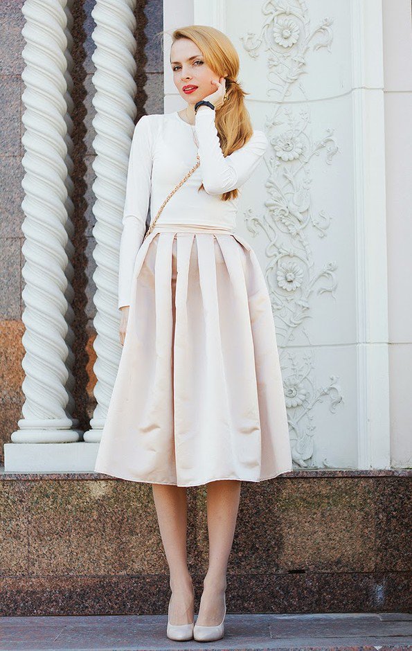 All White Outfit Idea with Midi Skirt