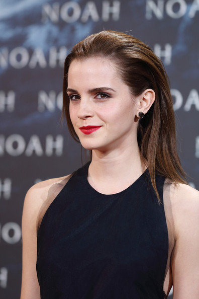 Emma Watson Back-Teased Long Hair with Red Lips