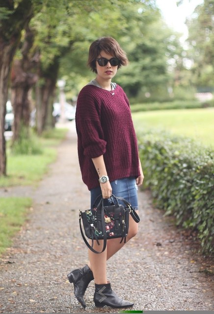 Fall Outfit Idea with Garnet Sweater and Denim Skirt
