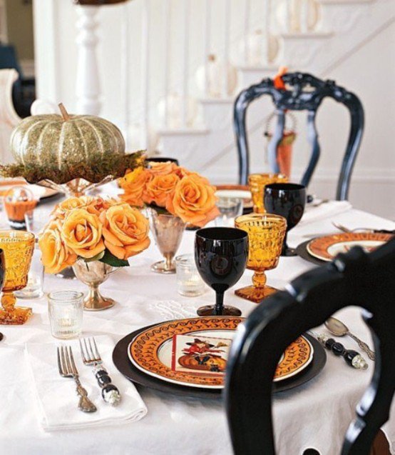 Halloween Table with Yellow Flowers