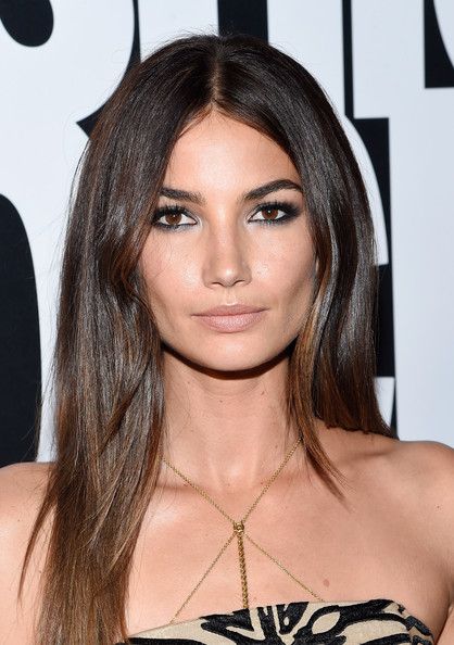 Lily Aldridge Long Straight Cut with Smoky Eyes and Nude Lips