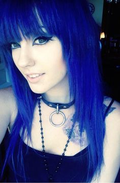 Long Straight Blue Hairstyle With Blunt Bangs