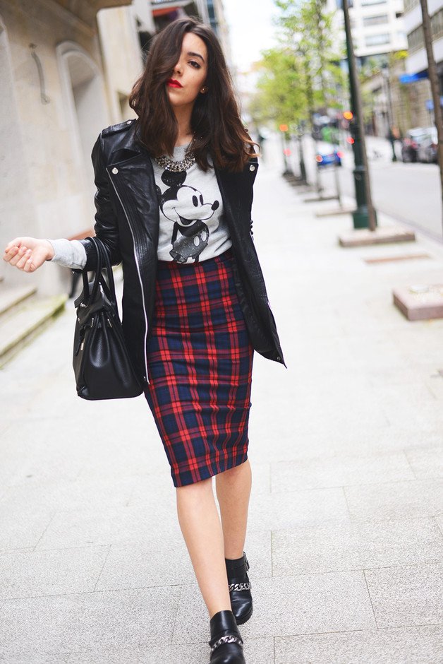Plaid Midi Skirt and Black Leather Jacket