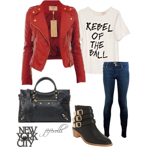 Red Leather Jacket Outfit Idea for Fall