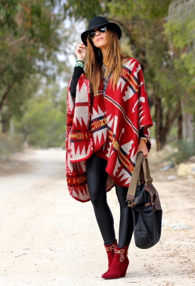 Red Printed Poncho Outfit Idea