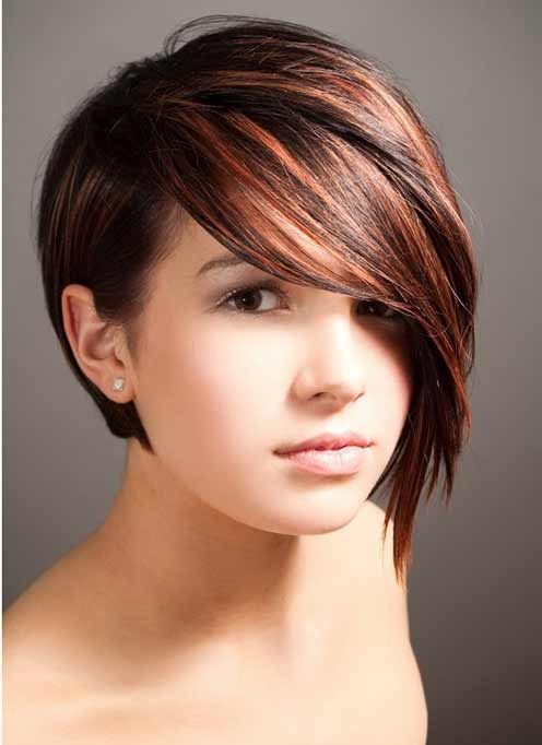 Short Haircut With Long Side Bangs for Round Faces