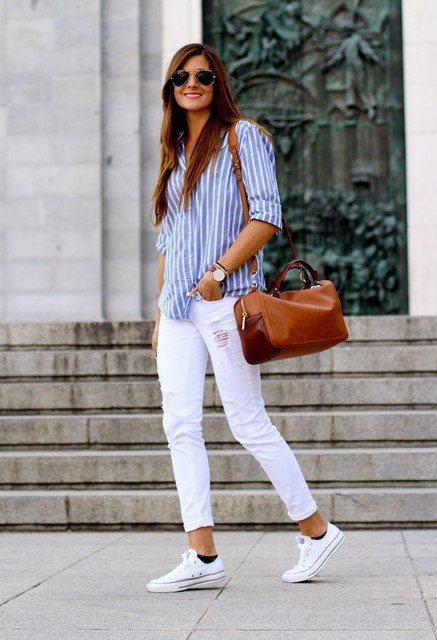 Stripe Blouse with Sneakers