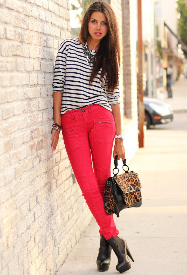 Stripe Outfit Idea with Red Jeans