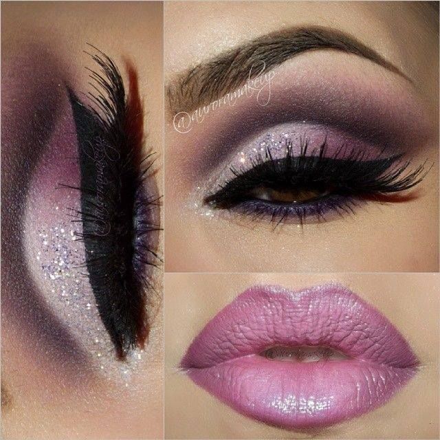 Stylish Shimmer Purple Eye Makeup Idea and Purple Lips