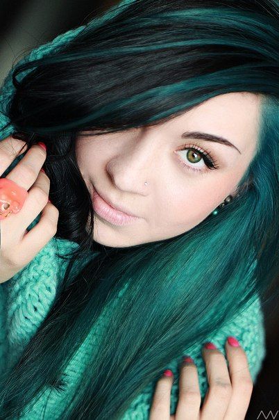 Teal Highlighted Long Black Straight Hairstyle