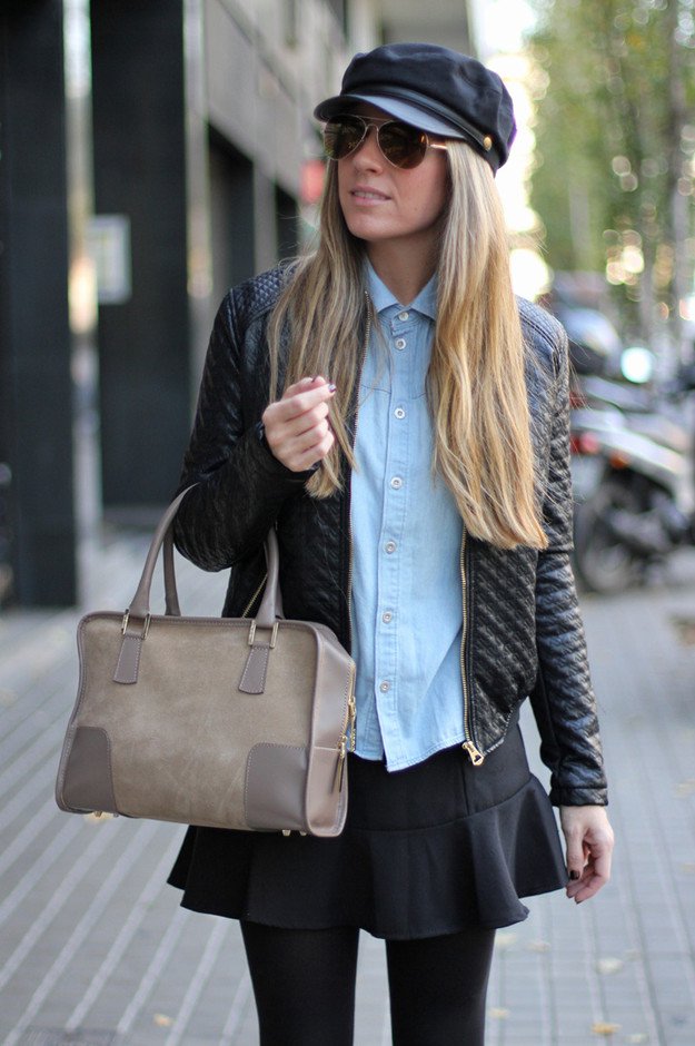 Trendy Fall Outfit Idea with Leather Jacket and Denim Shirt