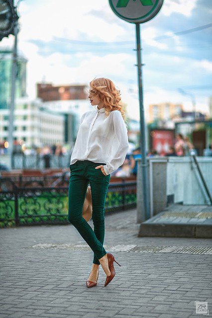 White Blouse with Green Jeans Outfit for Early Fall