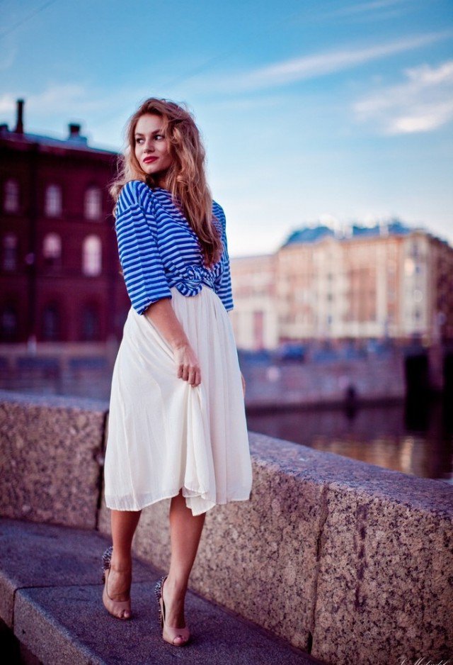 White Midi Skirt and Blue Stripe Shirt