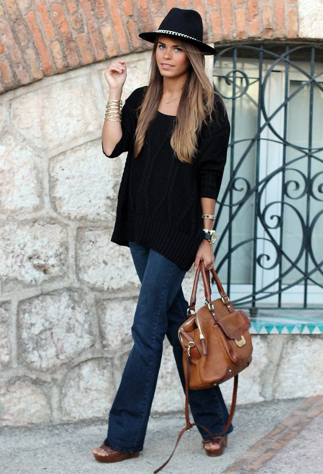 Black Jumper with Jeans and A Hat
