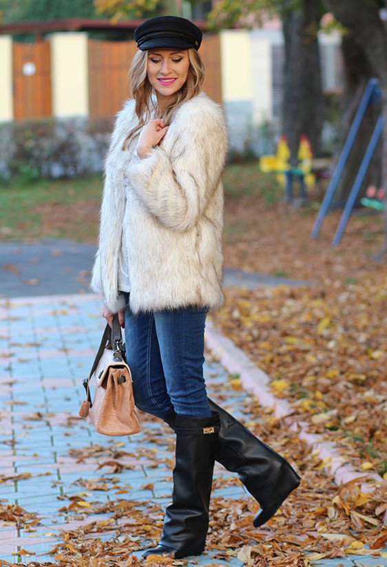 Fur Coat Outfit Idea with Boots