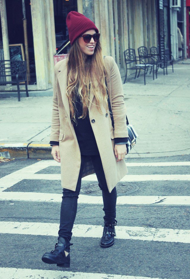 Maroon Hat with A Beige Trench Coat