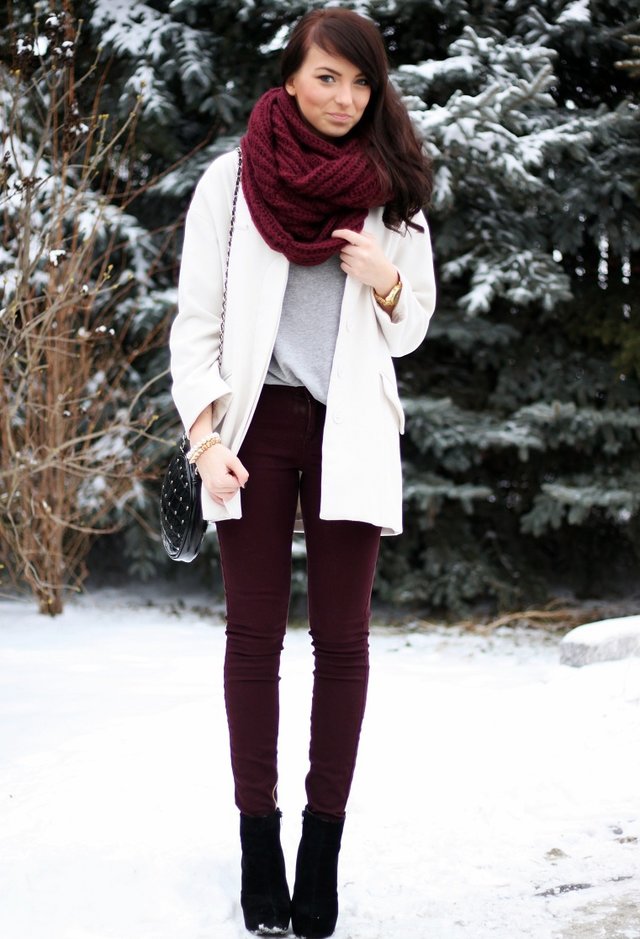 Maroon and White Outfit with a Scarf
