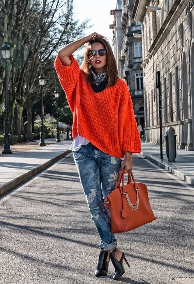 Orange Jumper Outfit with Ripped Jeans