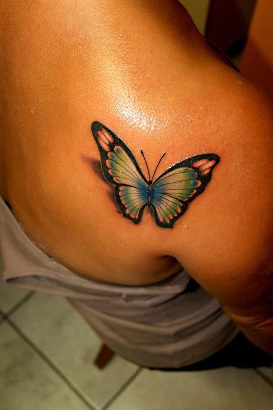 Pink, Green and Blue Butterfly Tattoo