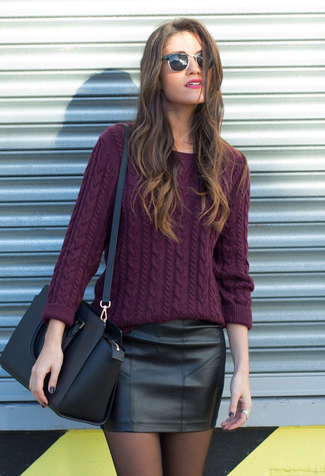 Purple Jumper with Black Leather Skirt