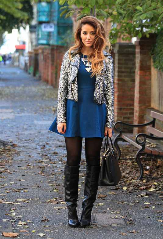 Blue Dress and Grey Jacket for Winter