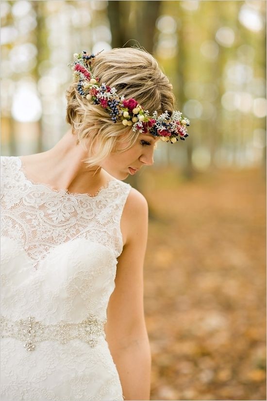 Floral Crown Short Hairstyle for Wedding