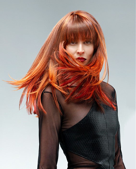 Orange Red Straight Haircut with Blunt Bangs