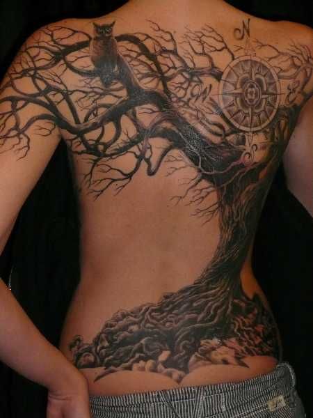 Tree and Compass Tattoo on Back