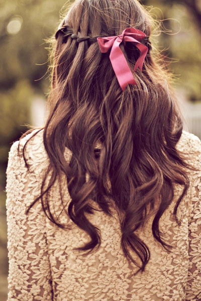 Waterfall Hair with a Pink Ribbon