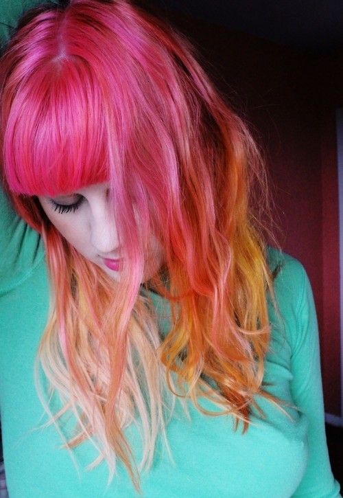 Long Hairstyle with Blunt Bangs for Neon Ombre Hair