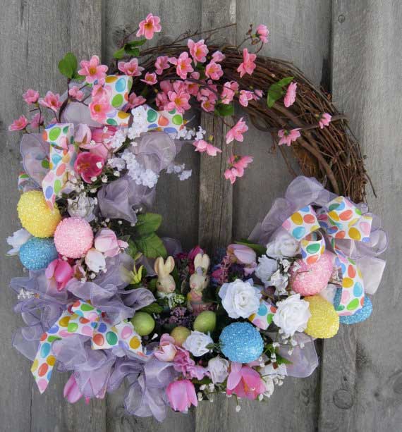 Spring Wreath with Flowers and Easter Eggs