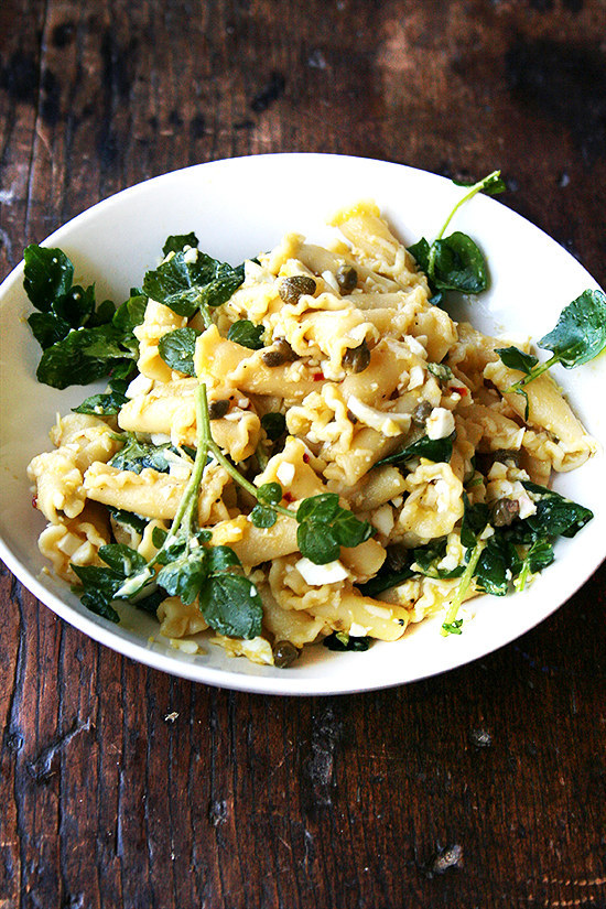 Campanelle with Hard-boiled Eggs, Capers, and Watercress