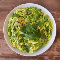 Zucchini and Carrot Noodles with Avocado, Pea, and Kale Pesto