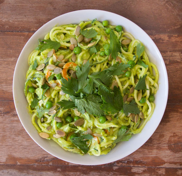 Zucchini and Carrot Noodles with Avocado, Pea, and Kale Pesto