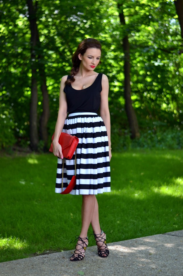 Black Top with Striped Skirt