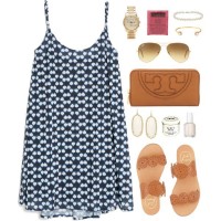 Blue Print Dress With Brown Sandles and Clutch