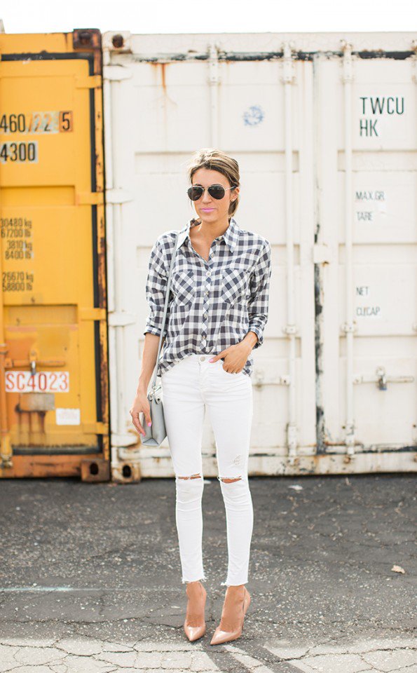 Checkered Print Shirt with White Jeans